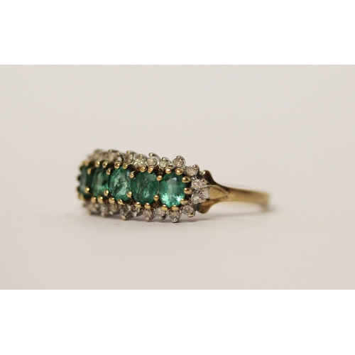 588 - A five stone emerald and diamond cluster half hoop ring, on hallmarked 9ct gold band, ring size N, g... 