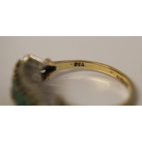 588 - A five stone emerald and diamond cluster half hoop ring, on hallmarked 9ct gold band, ring size N, g... 