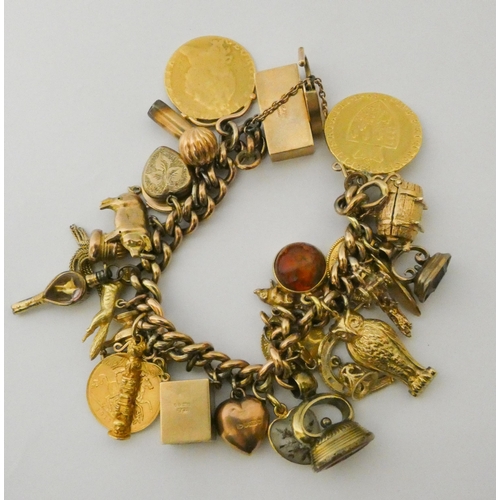 589 - A good charm bracelet, set with two Gold Spade Guineas, 1912 Gold half Sovereign, George III Gold Th... 