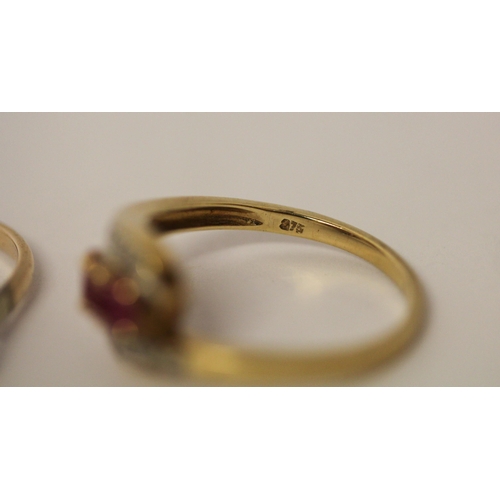 596 - A three stone ruby and diamond dress ring, on hallmarked 9ct gold band, Ring size N, with older styl... 