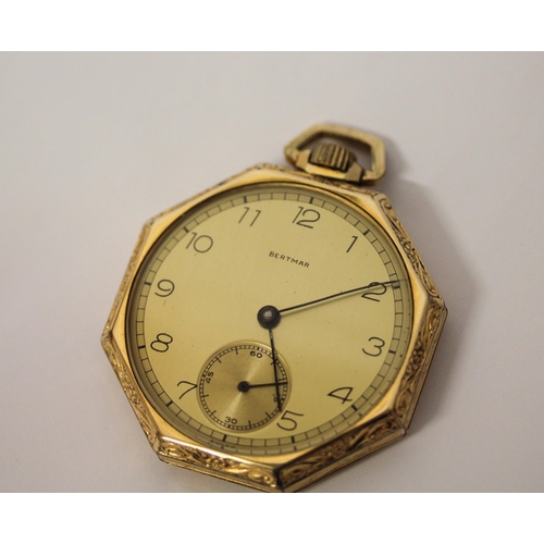 600 - Bertmar vintage gold plated open face pocket watch of octagonal form, in original fitted box