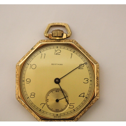 600 - Bertmar vintage gold plated open face pocket watch of octagonal form, in original fitted box