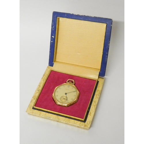 600 - Bertmar vintage gold plated open face pocket watch of octagonal form, in original fitted box