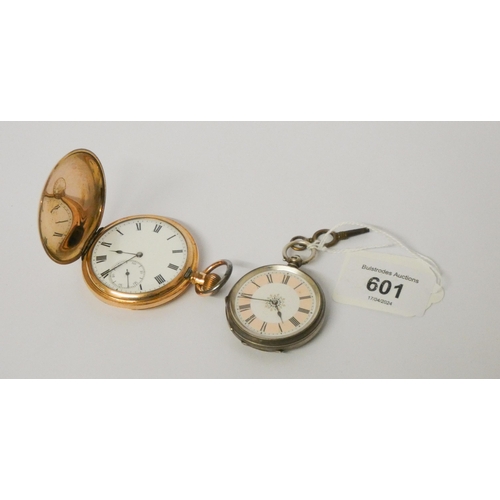 601 - A gold plated full Hunter pocket watch and a silver cased pocket watch