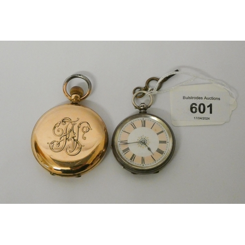 601 - A gold plated full Hunter pocket watch and a silver cased pocket watch