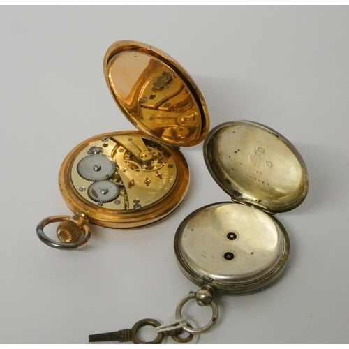 601 - A gold plated full Hunter pocket watch and a silver cased pocket watch