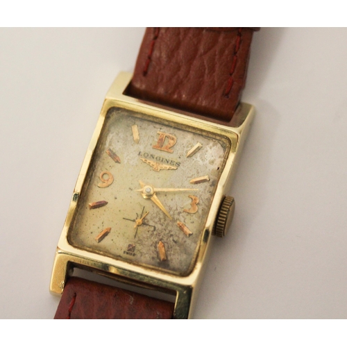 602 - Art deco Longines tank style 14ct gold wristwatch on brown leather strap