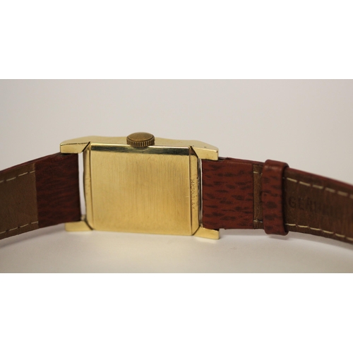 602 - Art deco Longines tank style 14ct gold wristwatch on brown leather strap