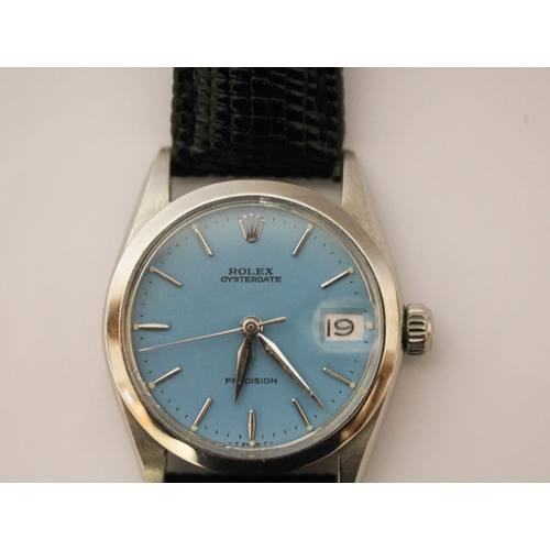 603 - Vintage Rolex Oysterdate Precision stainless steel wristwatch, pale blue dial, manual wind on black ... 