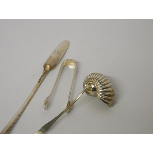 620 - George III silver marrow scoop, London 1797, a novelty snail shell sugar sifting spoon and a pair of... 