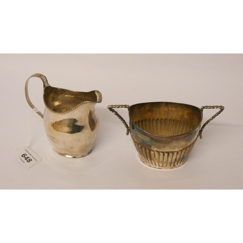 648 - Georgian silver cream jug and a twin handled sugar basin, 7 troy ounces