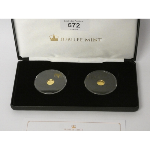 672 - Jubilee Mint World War II 24 carat gold coin proof pair, boxed with certificate. 1 gram.