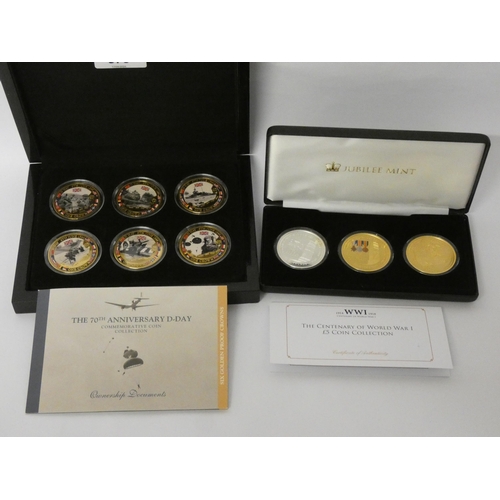 678 - Centenary of World War I £5 coin proof set, copper plated in 24ct gold & silver, and a set of six D-... 