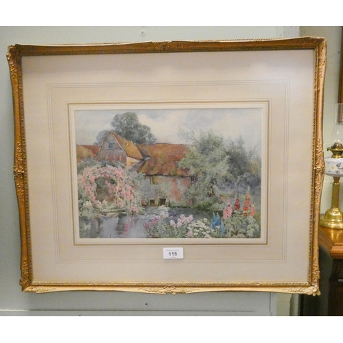 115 - Theresa Sylvester Stannard (1898-1947),  - watercolour of a watermill scene with flowers in the fore... 