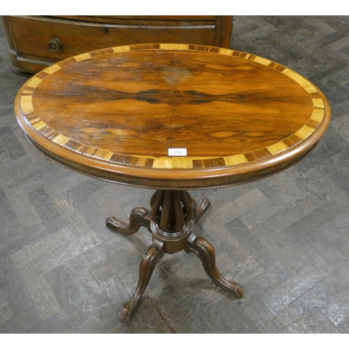 118 - Victorian oval rosewood and cross banded occasional table on pillar and quadruple base