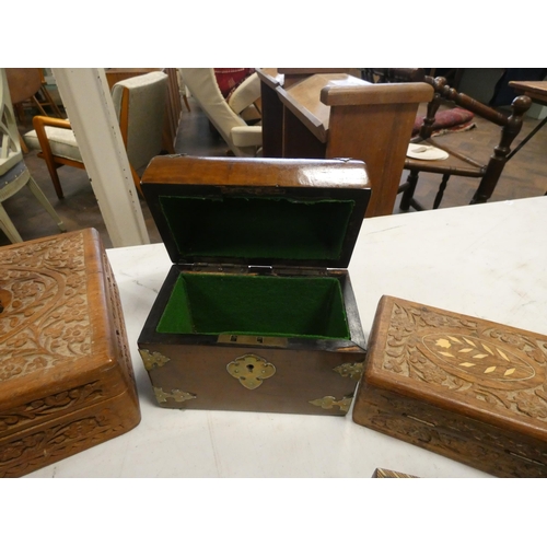 157 - A Victorian walnut brass bound dome top box and a collection of various other oriental carved boxes