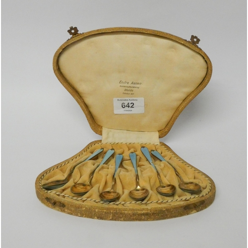 642 - A set of six Norwegian silver gilt and powder blue enamelled demi-tasse spoons in fitted case. Marke... 