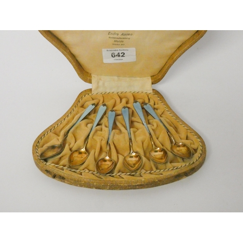 642 - A set of six Norwegian silver gilt and powder blue enamelled demi-tasse spoons in fitted case. Marke... 