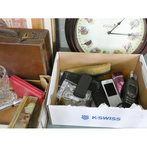 348 - Two boxes containing glass, scales, five old mobile phones, bird clock, pictures etc