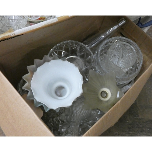 349 - Two large boxes of glass, lampshades, drinking glasses, vases etc