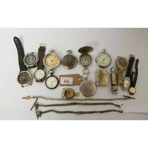 608 - Silver plated full hunter pocket watch with albert chain, ARP whistle, chrome cased military pocket ... 