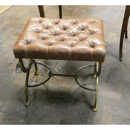 294 - A brass X framed stool with antique brown  leather buttoned top