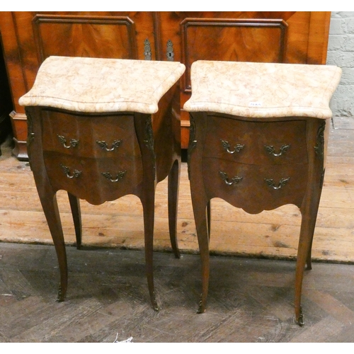 172A - A pair of French floral inlaid shaped front two drawer bedside cabinets, on cabriole legs with gilt ... 