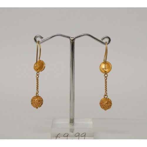 524 - A pair of 18ct yellow gold cannettile ball drop earrings. Gross weight 1.8g