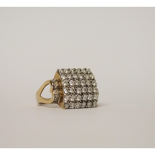 566 - A large square diamond panel ring, pave set with brilliant cut diamonds, on 9ct gold band. Marked 37... 