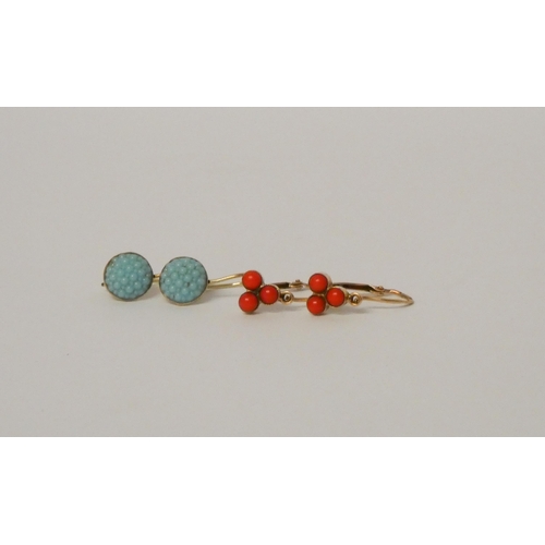 568 - A pair of coral vintage earrings on gold wires and a pair of turquoise panel earrings