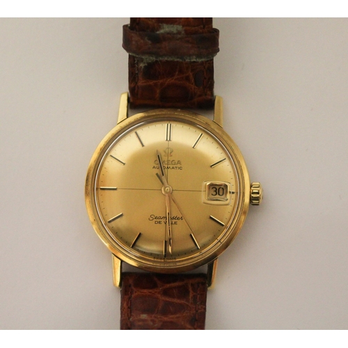 609 - Omega - Vintage Seamaster DeVille Automatic 9ct gold wristwatch, on brown leather strap, with box