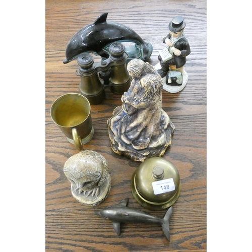 17 - A brass desk or boxing ring bell, binoculars, figure ornaments, dolphins etc...