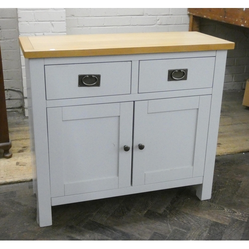 46 - A modern pale grey and light oak topped side cabinet, 3' wide...