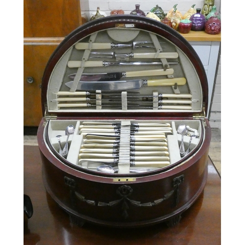 55 - An Stokes & Ayres of Sheffield canteen of plated cutlery in semi circular mahogany canteen...