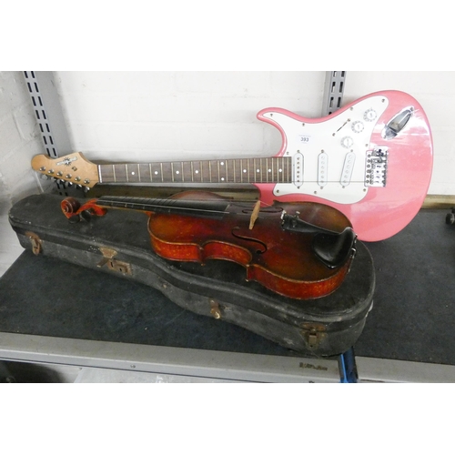 A pink electric guitar (one string, as found) together with a cased ...