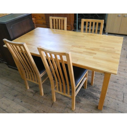 35 - A modern light oak parquetry design dining room table, 5'3 x 2'9 together with four high slat back d... 