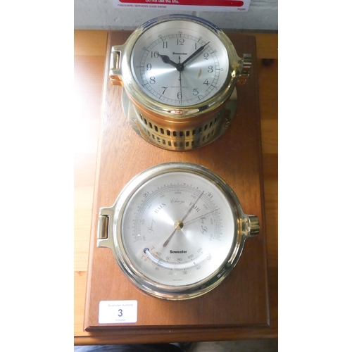 3 - A brass ships style clock and barometer on wooden plaque