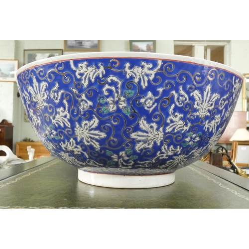 36 - A Chinese blue decorated fish bowl - as found, various cracks etc, 14