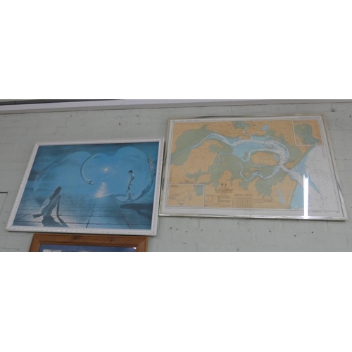 44 - Pine framed picture of Titanic, map of Poole Harbour and a print Leda and the swan