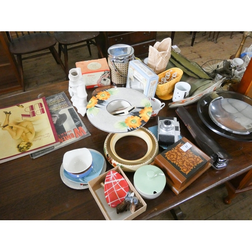 57 - Assorted china, table mats, camera, tripod etc