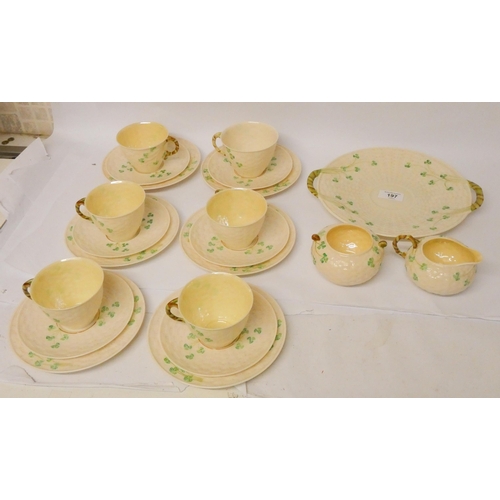 197 - A Belleek eggshell porcelain tea service comprising six side plates, six saucers, six cups, bread an... 