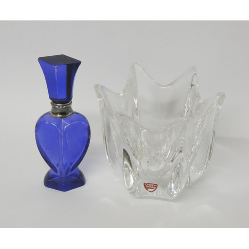 227 - Orrefors glass Tulip vase and a Mont Blanc blue glass heart shaped scent bottle