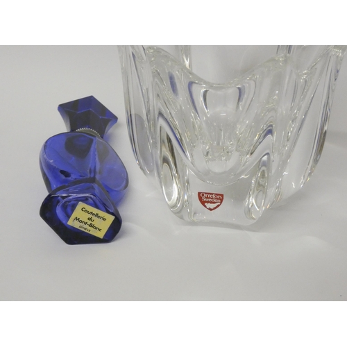 227 - Orrefors glass Tulip vase and a Mont Blanc blue glass heart shaped scent bottle