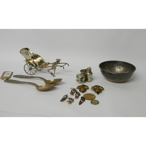 242 - White metal rickshaw, old military buttons, golly badges and other items