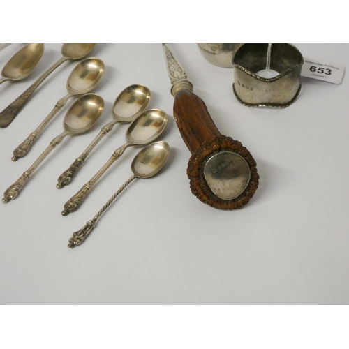 653 - Four silver plated Apostle spoons, silver Apostle ended tea spoons, napkin rings, antler ended plate... 