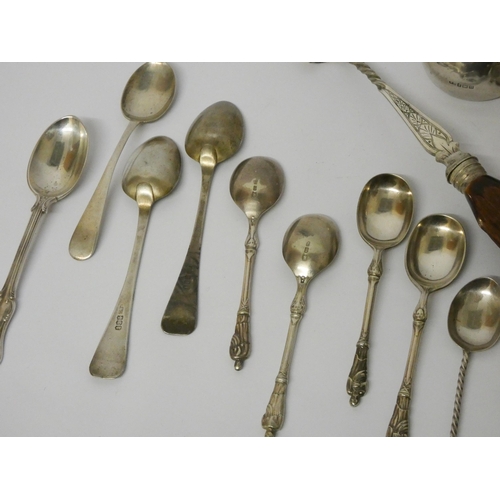 653 - Four silver plated Apostle spoons, silver Apostle ended tea spoons, napkin rings, antler ended plate... 