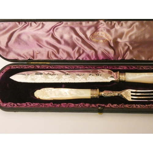 654 - Victorian silver and mother of pearl handled carving set, Sheffield 1884, in fitted leather case