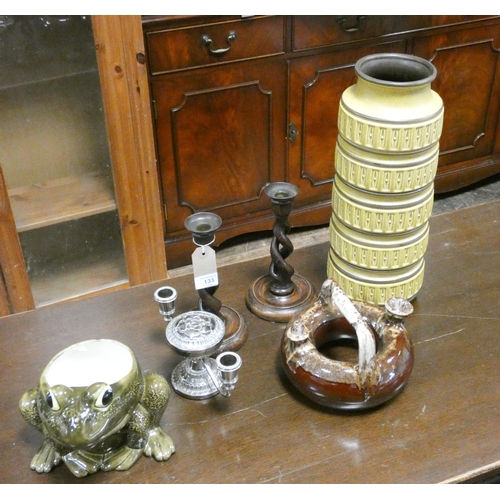 133 - A West German vase, pair of barley twist candlesticks, frog bowl, candelabra etc