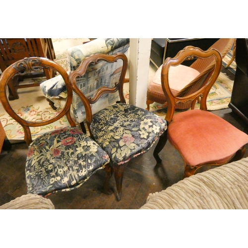 156 - Three various Victorian walnut dining room chairs on cabriole legs with upholstered seats