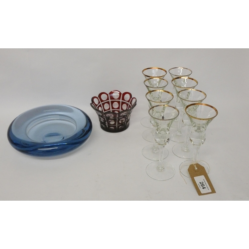 264 - A set of eight Danish Schnapps glasses and a signed Holmegaard Danish glass bowl or ash tray,  bohem... 